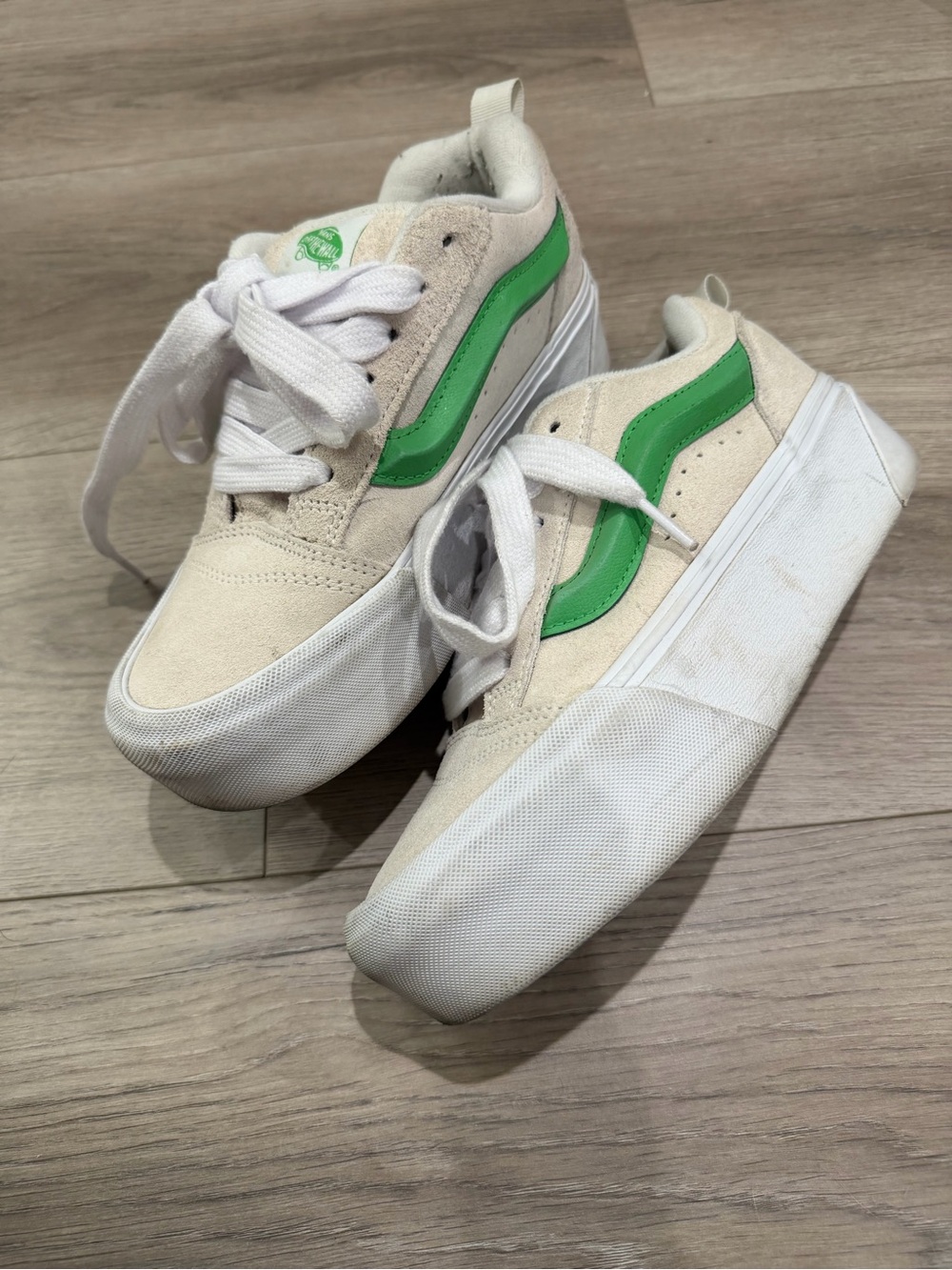 Vans White and Green Platform Old Skool Sneakers